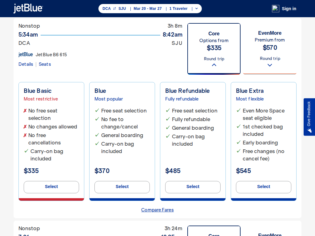 The Frist JetBlue clone’s fare selection page: a nonstop DCA to SJU flight with Core and EvenMore fares and four fare cards, Blue Basic through Blue Extra, each with its inclusions and price.