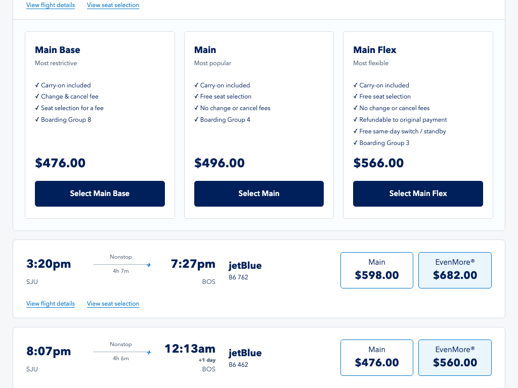 The WebInfinity clone’s fare selection page: three generic fare cards, Main Base, Main and Main Flex, above a flight list with Main and EvenMore prices.